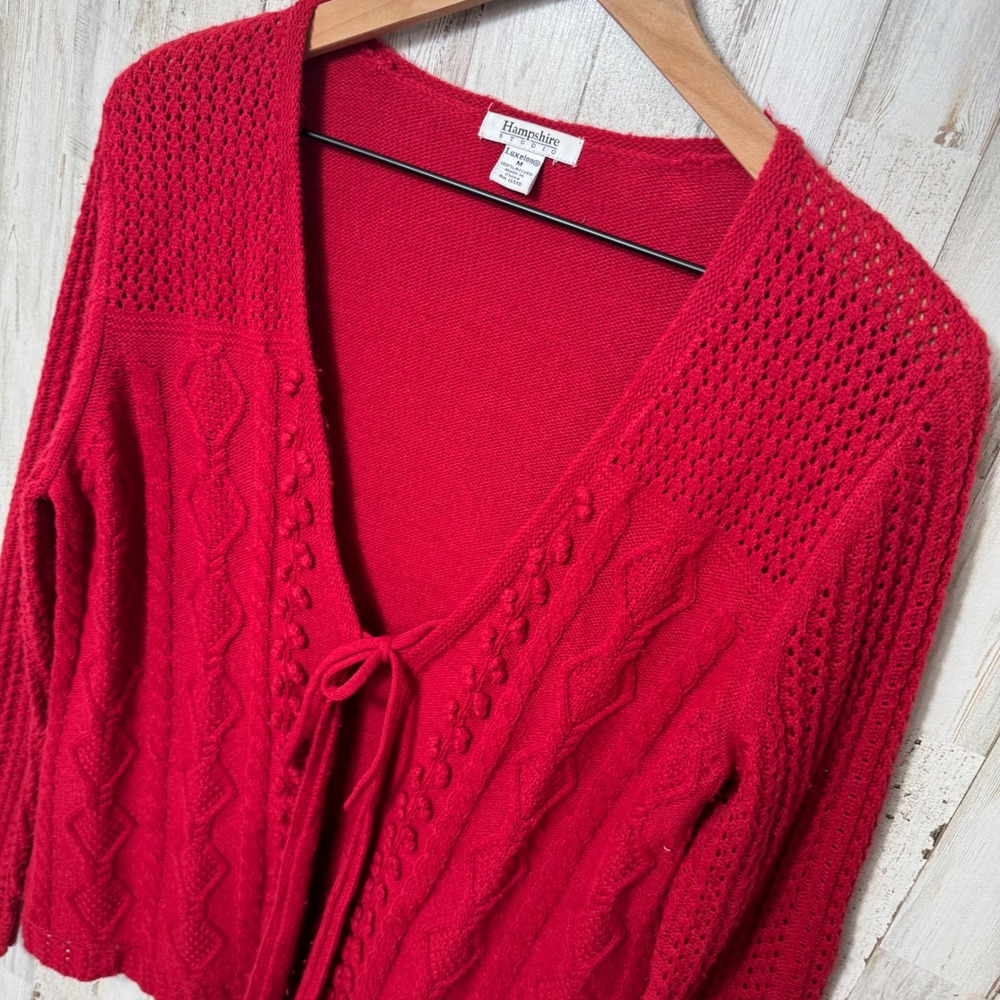 Vintage 90s Grandma Red Knit Acrylic Tie Front Cardigan Sweater Womens‎ Medium - Picture 3 of 5